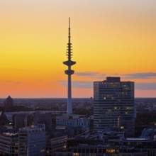 City view from above with the Heinrich-Hertz-Tower at atmospheric sunset, Hamburg, Germany