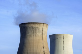 Two cooling towers of the Doel Nuclear Power Station, nuclear power plant in the Antwerp harbour,