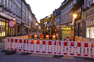 Construction site in the pedestrian zone in the early morning, Old Town, Wernigerode, Harz,