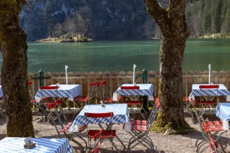 Empty beer garden at Königssee, Schönau am Königssee, Berchtesgadener Land, Upper Bavaria, Bavaria,