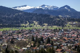 View from Cafe Breitenberg to Oberstdorf, behind mountains of the Allgäu Alps with Hoher Ifen,