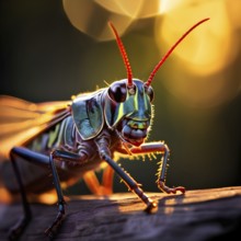 Close up of a grasshopper with blurred background in soft diffused light, AI generated