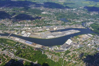 Lübeck, Schleswig-Holstein, aerial view, Hanseatic city, Trave, Vorwerk harbour, transshipment