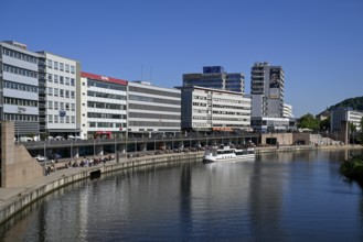 Skyline of Saarbrücken, in the foreground the river Saar, Saarland, Germany