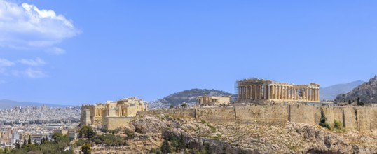 Ancient landmark citadel Acropolis of Athens seen from the Hill of the Muses, Philopappos Hill
