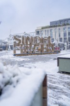 Snow-covered city with large Sindelfingen lettering and wintry atmosphere, Sindelfingen, Germany
