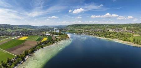 Aerial view, panorama of Lake Constance, Untersee, also known as Lake Rhine, which flows into the
