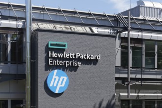 Hewlett Packard Enterprise, HPE, logo on building, information technology company, Ratingen, North