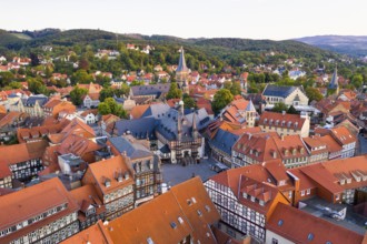 Historic town hall, St Sylvestrie's Church and market, aerial view of the old town, Wernigerode,