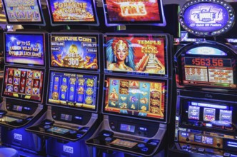 Las Vegas, USA, 2 May, 2025: Casino gambling blackjack and slot machines waiting for gamblers and