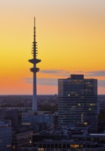 City view from above with the Heinrich-Hertz-Tower at atmospheric sunset, Hamburg, Germany