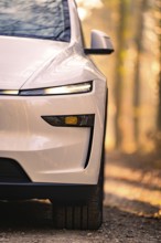Detailed view of the front of a white car in the forest, Tesla, New Model Y, Black Forest, Germany