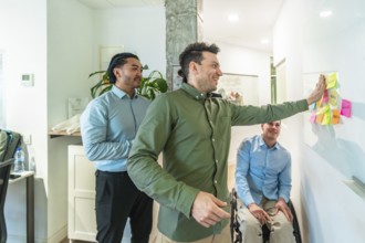 Business colleagues discussing ideas written on sticky notes during a productive meeting in a
