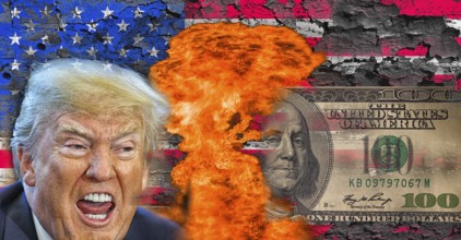 Symbolic image, Donald Trump and burning 100-dollar note, fire for Wall Street and Dax crash,