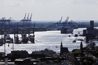 View of the Norderelbe and the harbour from the St. Nikolai memorial, Hamburg, Germany