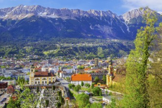 City view with Wilten Abbey in front of the northern chain of the Karwendel Mountains, Innsbruck,