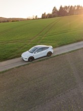 A white car on a country lane, framed by green fields and a warm evening sun on the horizon, Tesla,