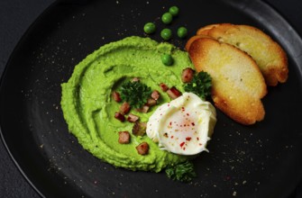 Mashed peas, with boiled egg, fried bacon, toast, baguette, breakfast, homemade, no people