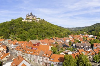 Aerial view of the district Nöschenrode with castle, in the foreground half-timbered houses Schöne