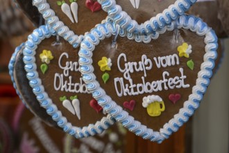 Gingerbread hearts at a candy stand at the Oktoberfest, Munich, Bavaria, Germany