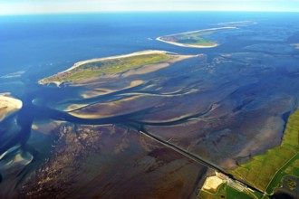 Aerial view, Nessmersiel, island, Baltrum, Wadden Sea, North Sea, ferry, ferry line, mainland
