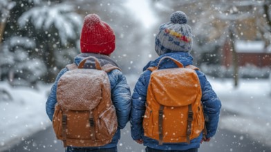 Two school boys in winter attire walk through a snowy landscape wearing backpacks, AI generated