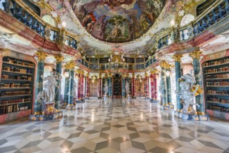 WIBLINGEN, BAVARIA, GERMANY, JUNE 08, 2022 : Rococo and baroque decors of the library in Wiblingen
