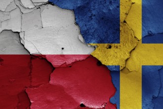 Flags of Poland and Sweden painted on cracked wall