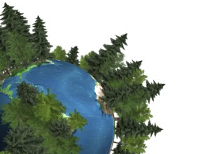 Conceptual 3D Illustration of the Earth globe covered with green trees growing out of it Green