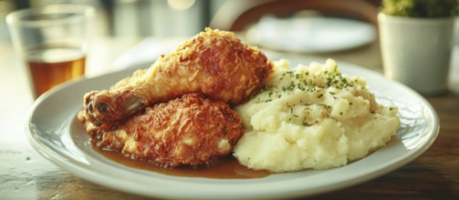 Golden fried chicken drumstick with mashed potatoes, topped with gravy and herbs, AI generated