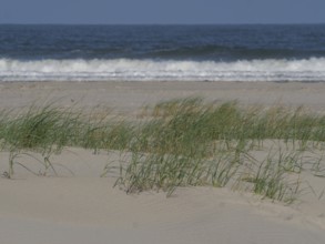 Beach with sand dunes and grass, breaking waves and blue sky in the background, juist, east frisia,
