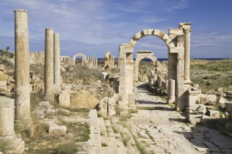 Arch of Trajan, in front of Arch of Tiberius, Via Trionfale, ruined city of Leptis Magna, Libya