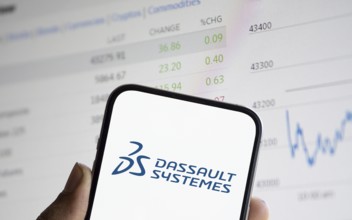 Dassault Systemes logo is displayed on smartphone. Dassault Systèmes SE is a French multinational