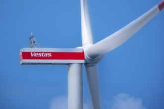 Vestas wind turbine in front of a blue sky, Bockenem, Lower Saxony, Germany