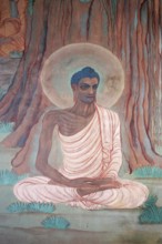 Colourful painting of fasting buddha (meditation position) on wall of mulgandha kuti vihar,