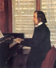 Erik Satie, 1866 – 1925, a French composer and pianist, playing the Harmonium, painting by Santiago