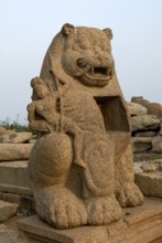 Lion sculpture in Shore temple in Mahabalipuram Mamallapuram near Chennai, Tamil Nadu, South India,
