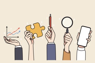 Hands of people holding various work tools and equipment. Businesspeople use stationery for job,