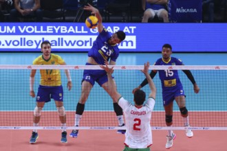 Sofia, Bulgaria - 4 July, 2022: Teams of Bulgaria and Brazil are seen in action during a Volleyball