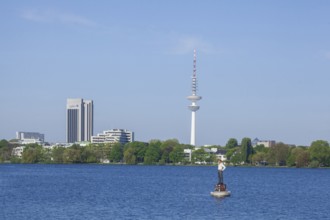 Outer Alster with Radisson Blu Hotel, Telemichel television tower and Alster buoyman, Hamburg,