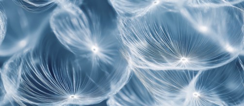 Close-up view of dandelion seeds with a soft, delicate look on a blue background, AI generated