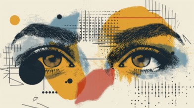 Bold and detailed abstract art with a focus on eyes amidst a mix of vibrant colors and intricate