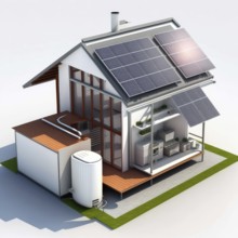 Solar panels and an air heat pump. a home with alternative energy sources. Generative AI