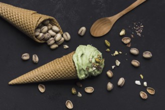 Top view ice cream cones with pistachio. Resolution and high quality beautiful photo