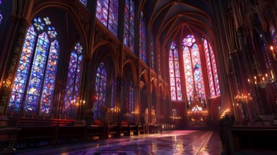 Interior of a gothic cathedral with vibrant stained glass windows and ornate details, Paris,