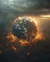A depiction of the Earth engulfed in flames against a dark background, AI generated