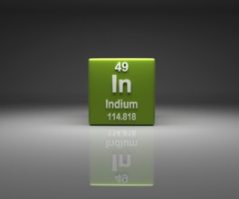 Cube with Indium number 49 periodic table, 3d rendering