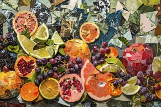 Sliced citrus fruits and grapes on a colorful abstract mosaic background, digital collage, AI