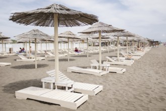 Umbrellas on the Great Beach (Velika Plaza) in Ulcinj, Montenegro.