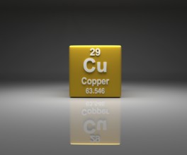Cube with Copper number 29 periodic table, 3d rendering